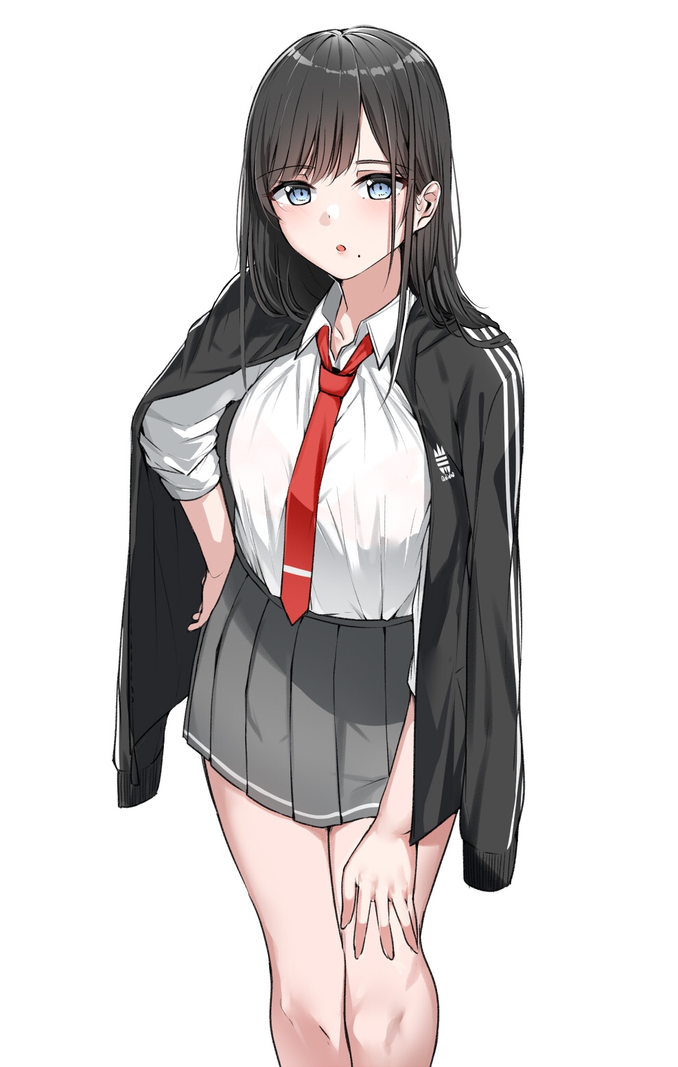 1girl :o adidas bangs bare_legs black_hair blue_eyes blush eyebrows_visible_through_hair grey_skirt hand_on_hip highres jacket jacket_on_shoulders long_hair looking_at_viewer mole mole_under_mouth necktie open_track_jacket original parted_lips pleated_skirt product_placement school_uniform simple_background skirt sleeves_rolled_up solo suzuharu_toufu swept_bangs thighs track_jacket tsurime white_background