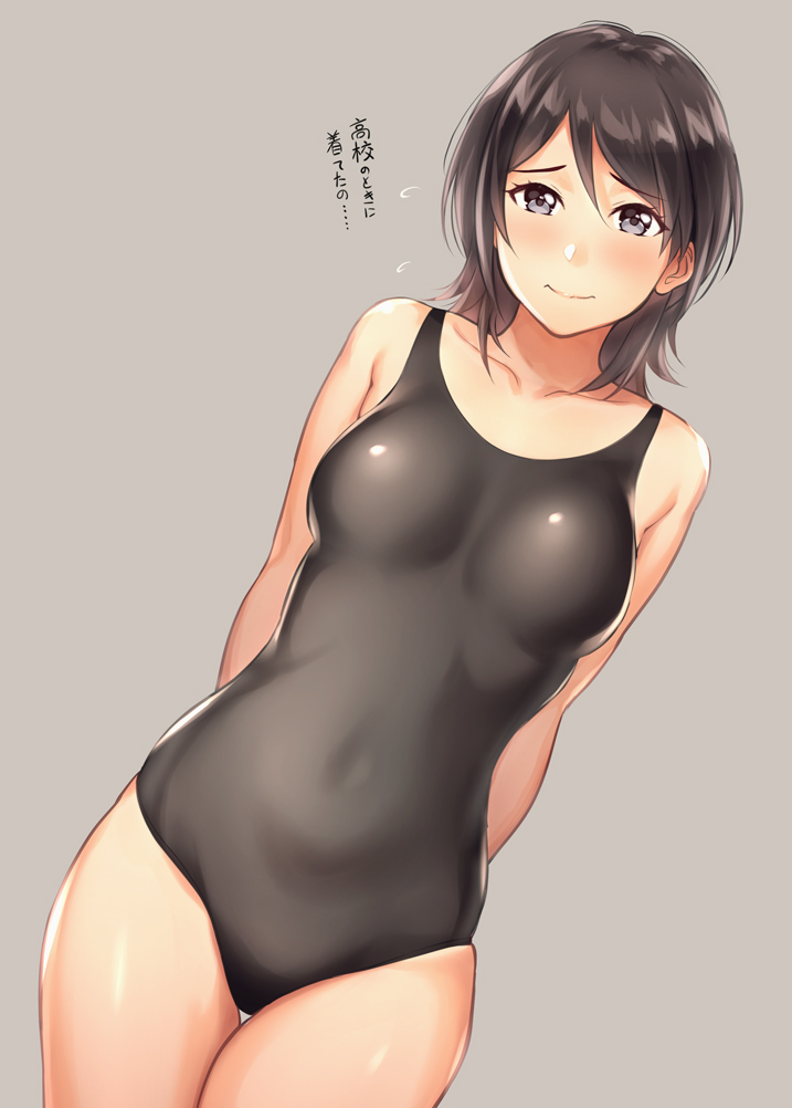 1girl amagami arms_behind_back black_hair black_swimsuit closed_mouth cowboy_shot dutch_angle grey_background grey_eyes looking_at_viewer nozomi-y raised_eyebrows school_swimsuit short_hair simple_background solo swimsuit takahashi_maya thigh_gap translated