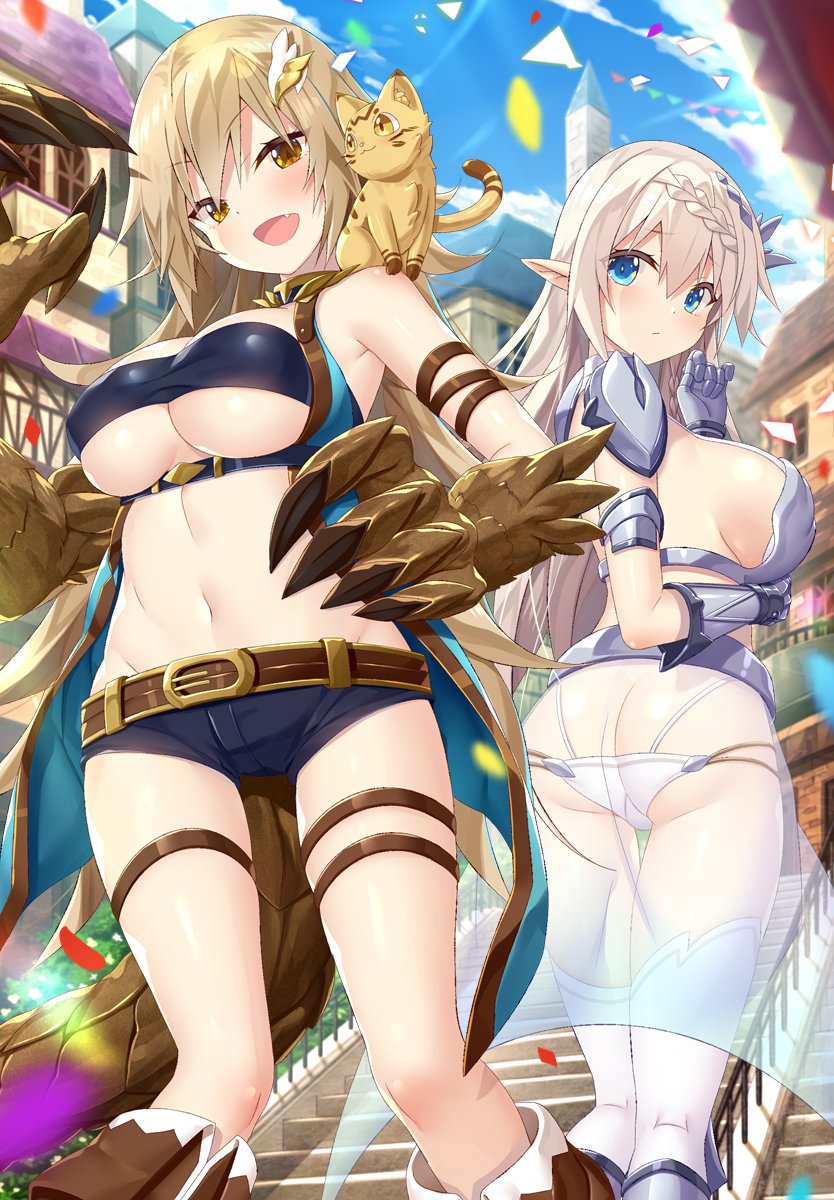 2girls :/ :d animal animal_on_shoulder armor ass bandeau bangs bare_shoulders belt belt_buckle black_bandeau black_shorts blonde_hair blue_eyes blue_sky blush boots braid breasts brown_belt brown_eyes brown_footwear buckle building butt_crack cat cat_on_shoulder claws clouds commentary_request copyright_request day dragon_girl dragon_tail eyebrows_visible_through_hair fang gauntlets hair_between_eyes hair_ornament hairclip hand_on_hip head_tilt highres knee_boots large_breasts light_brown_hair long_hair looking_at_viewer looking_back medium_breasts micro_shorts multiple_girls navel official_art open_mouth outdoors panties pauldrons paws pointy_ears railing see-through short_shorts shorts shoulder_armor sideboob silver_hair sky smile stairs standing stomach stone_stairs tail thigh-highs thigh_gap tower under_boob underwear very_long_hair white_hair white_legwear white_panties yano_mitsuki yellow_eyes