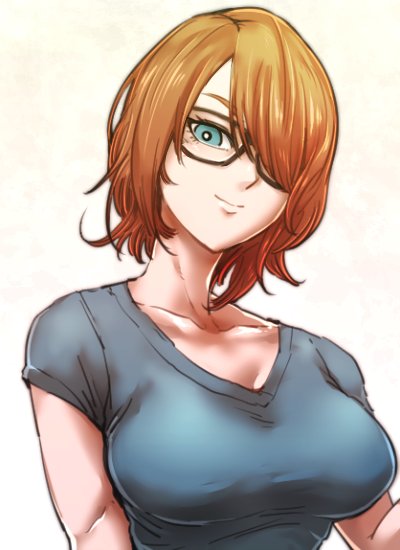 1girl alternate_hair_length alternate_hairstyle android_21 black-framed_eyewear blue_eyes breasts brown_hair casual collarbone commentary_request dragon_ball dragon_ball_fighterz glasses large_breasts semi-rimless_eyewear shirt short_hair smile solo st62svnexilf2p9 t-shirt under-rim_eyewear upper_body