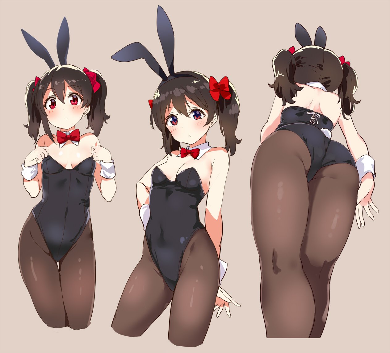 1girl animal_ears black_hair black_legwear black_leotard bow bowtie breasts bunny_tail bunnysuit cowboy_shot cropped_legs detached_collar grey_background hair_bow kurokawa_makoto leotard love_live! love_live!_school_idol_project multiple_views pantyhose rabbit_ears red_bow red_eyes red_neckwear simple_background small_breasts standing strapless strapless_leotard tail thigh_gap twintails wrist_cuffs yazawa_nico