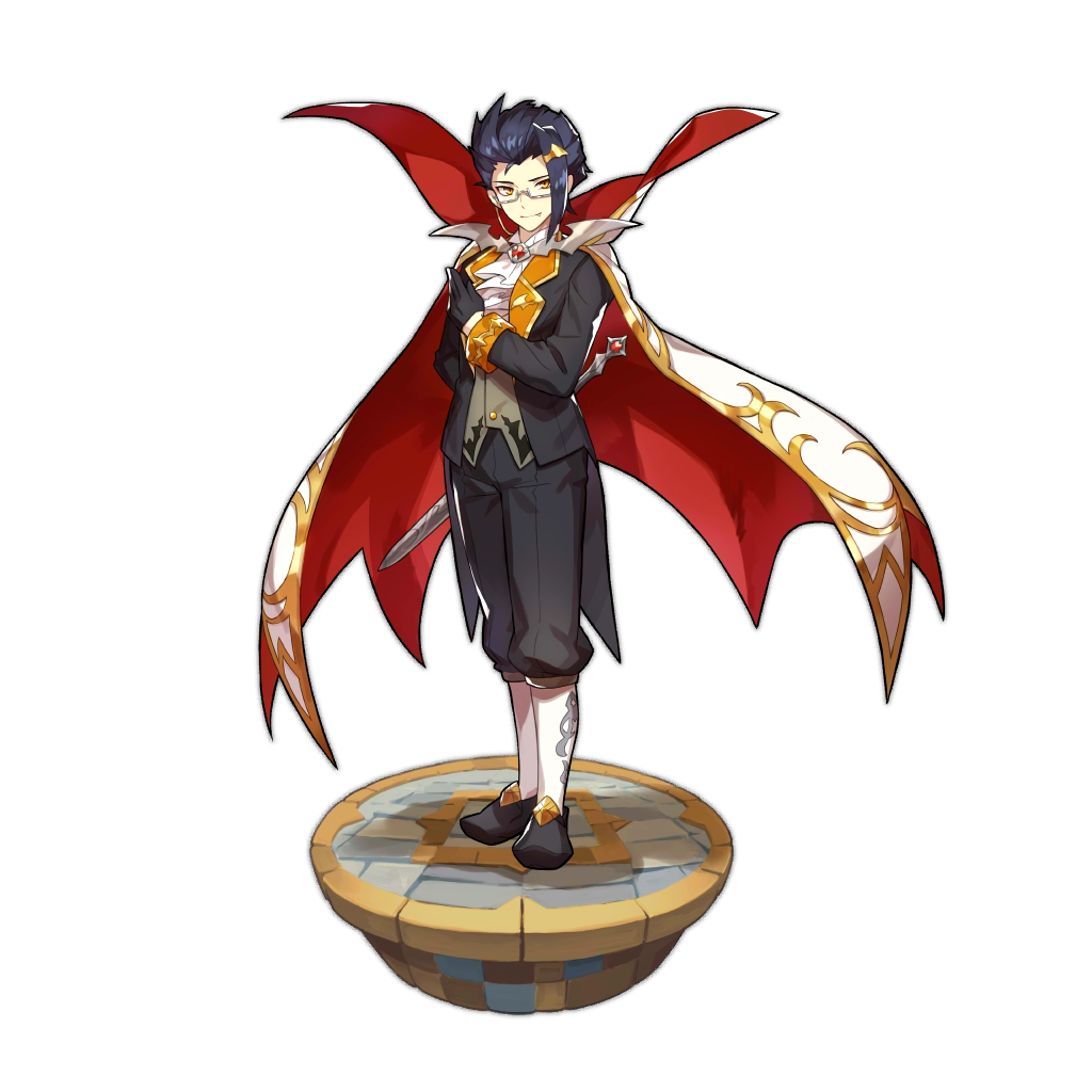 1boy bat_ornament black_hair butler cape dragalia_lost edward_(dragalia_lost) fang fang_out hair_ornament hairclip holding holding_weapon looking_at_viewer non-web_source official_art sword transparent_background vampire_costume weapon yellow_eyes