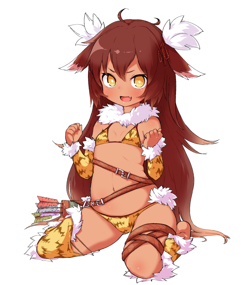 1girl :d animal_print arm_warmers arrow barefoot bella_(sennen_sensou_aigis) bikini brown_hair commentary_request dark_skin done_(donezumi) fang flat_chest full_body fur_trim hair_ornament kneehighs long_hair looking_at_viewer navel open_mouth sennen_sensou_aigis simple_background single_kneehigh single_thighhigh sitting smile solo swimsuit thigh-highs thigh_strap v-shaped_eyebrows very_long_hair wariza white_background white_pupils yellow_eyes