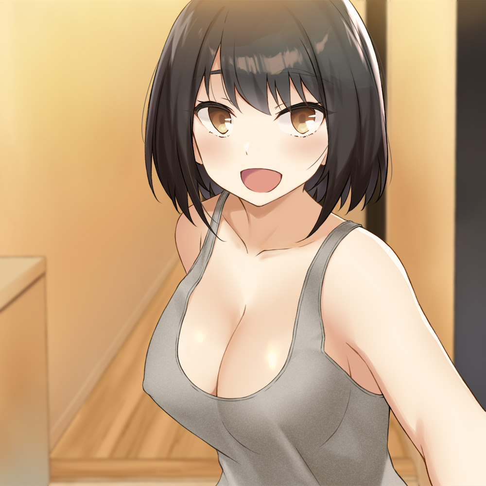 1girl :d bangs black_hair blush breasts brown_eyes cccpo cleavage collarbone covered_nipples doorway eyebrows_visible_through_hair indoors large_breasts looking_at_viewer no_bra open_mouth original short_hair smile solo tank_top