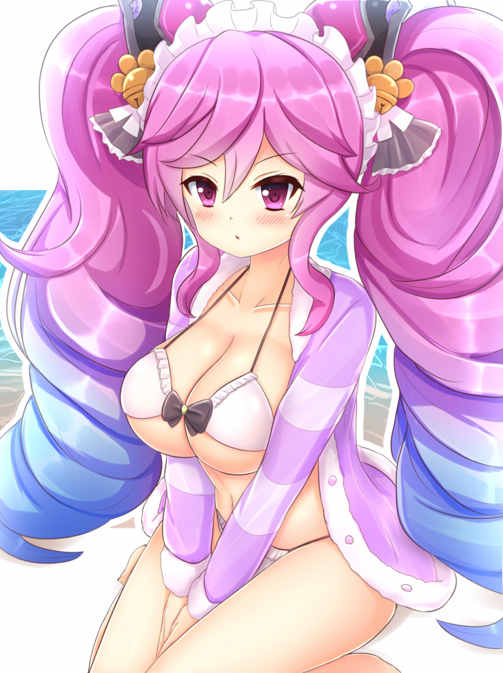 1girl bangs beach bell bikini blush bow clau_(dragalia_lost) closed_mouth collarbone day dragalia_lost eyebrows_visible_through_hair frilled_bikini frills hair_bell hair_between_eyes hair_ornament jacket kane-neko long_hair looking_at_viewer open_clothes open_jacket outdoors pink_eyes pink_hair sitting solo string_bikini swimsuit twintails wariza water