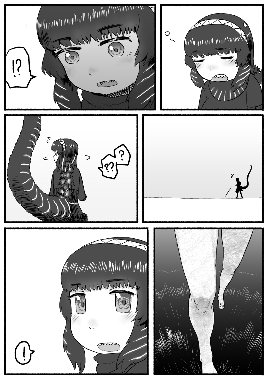 ! 1girl ? ?? bare_legs barefoot comic flying_sweatdrops godzilla godzilla_(series) greyscale hairband highres kishida_shiki monochrome personification shin_godzilla silent_comic sleepy solo_focus spoken_exclamation_mark spoken_question_mark standing tail walking