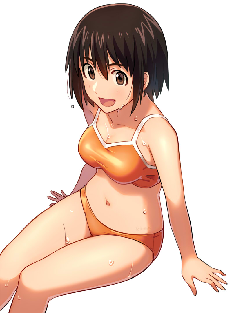 1girl :d arm_support arms_at_sides ayase_fuuka bangs bikini breasts brown_eyes brown_hair collarbone commentary_request eyebrows eyebrows_visible_through_hair hair_between_eyes medium_breasts navel open_mouth orange_bikini sayshownen short_hair simple_background sitting smile solo swimsuit wet white_background yotsubato!