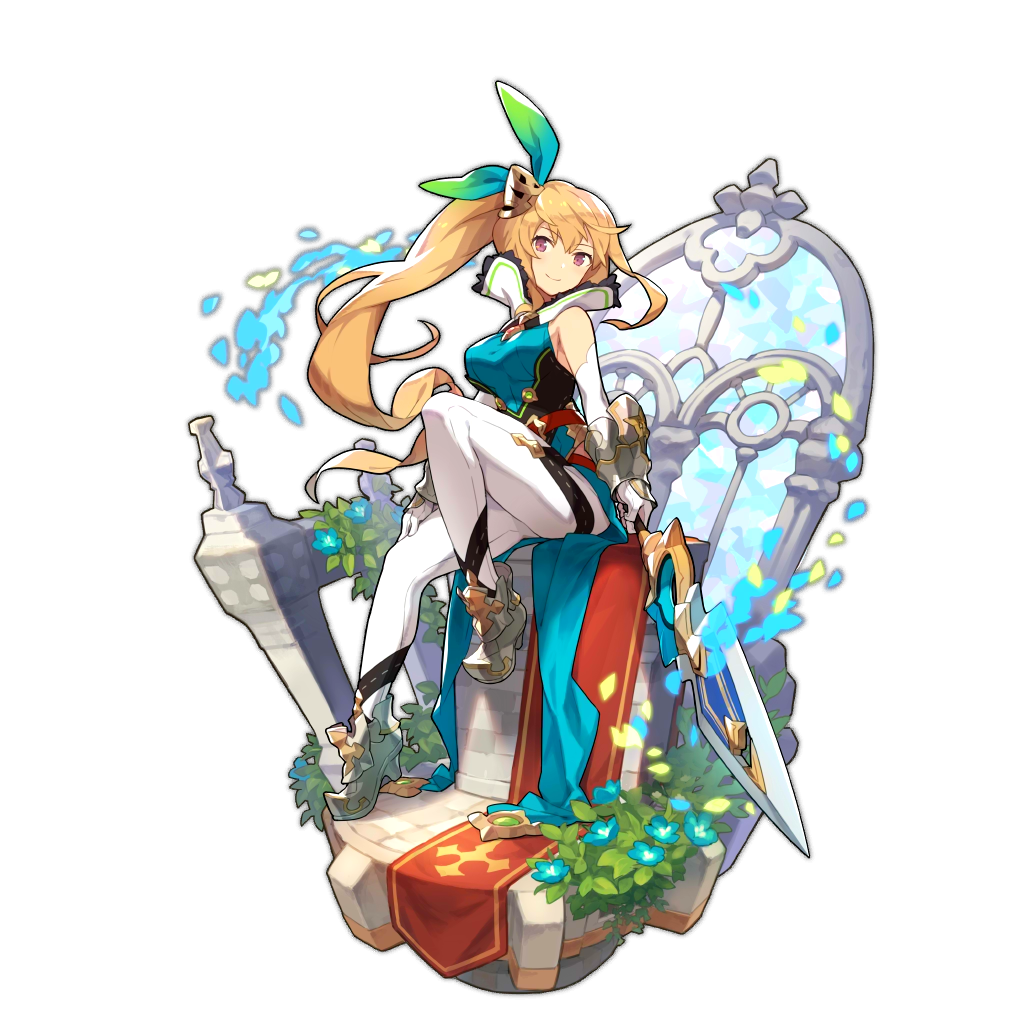 bare_shoulders blonde_hair brown_eyes dragalia_lost elphyllis_(dragalia_lost) flower gauntlets holding holding_weapon long_hair looking_at_viewer non-web_source official_art petals ponytail transparent_background weapon window