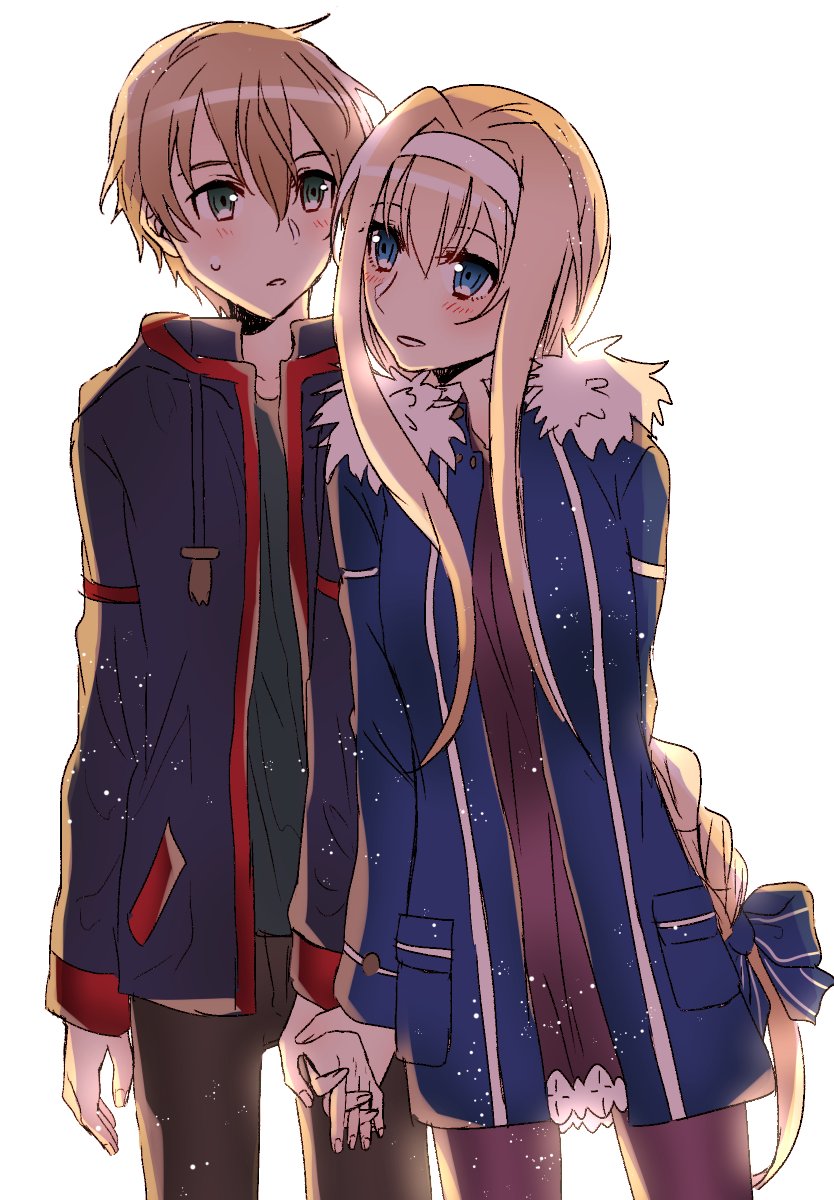 1boy 1girl alice_schuberg blonde_hair blue_eyes blush braid commentary_request eugeo getsuyoubi green_eyes hair_ornament hair_ribbon hairband hand_holding highres hood hooded_jacket jacket long_hair looking_at_another ribbon simple_background single_braid sword_art_online sword_art_online_alicization very_long_hair white_background white_hairband