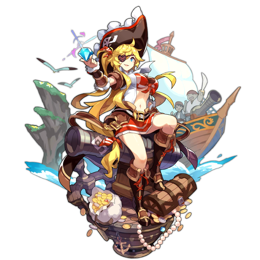 1girl artist_request boots cannon dragalia_lost eyepatch gem hat holding karina_(dragalia_lost) looking_at_viewer non-web_source official_art pirate pirate_hat pirate_ship shine sitting transparent_background treasure_chest