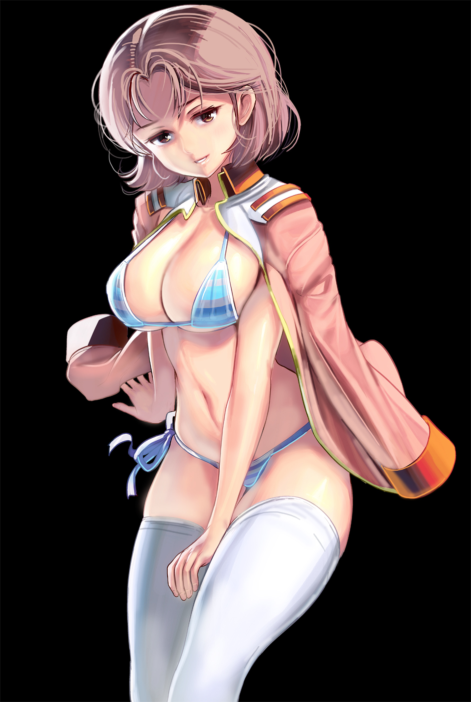 1girl bangs bikini black_background blue_bikini breasts brown_eyes brown_hair cleavage commentary_request cowboy_shot gundam highres jacket_on_shoulders large_breasts looking_at_viewer masao mirai_yashima mobile_suit_gundam navel parted_bangs parted_lips short_hair side-tie_bikini simple_background smile solo striped striped_bikini swimsuit thigh-highs thighs white_legwear