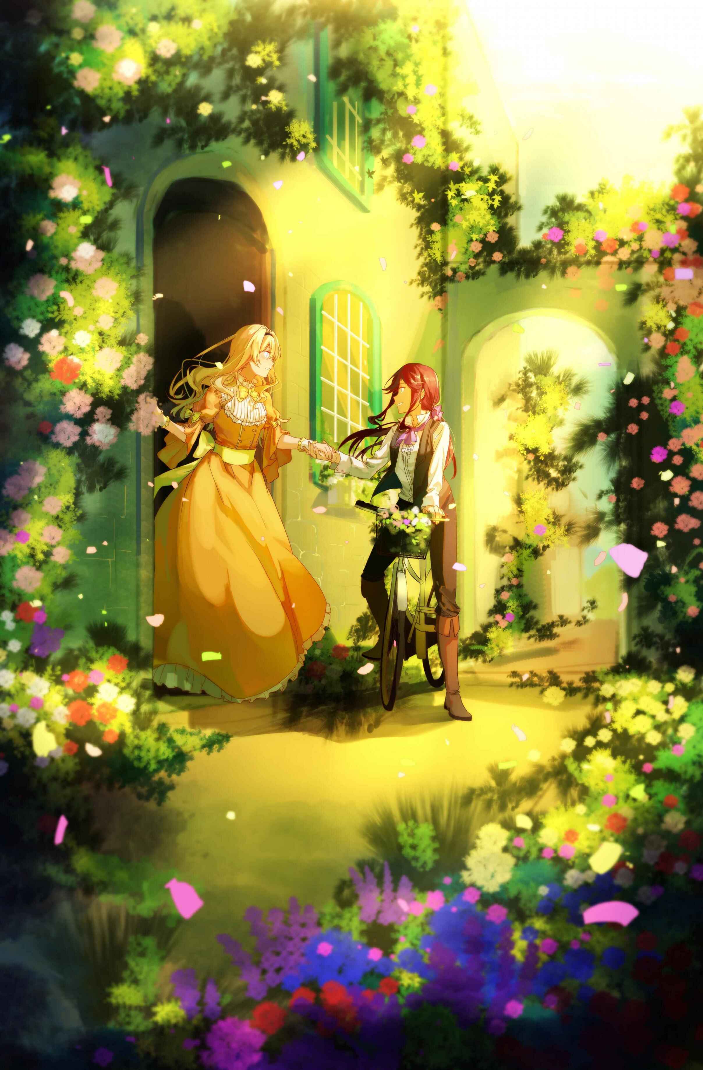 2girls absurdres arch bicycle blonde_hair blush bow bowtie brown_hair building commentary_request dress floating_hair flower frilled_dress frills ground_vehicle hair_bow hand_holding highres holding leaf low_ponytail multiple_girls orange_dress pants parted_lips petals purple_bow purple_neckwear saijou_claudine shirt shoujo_kageki_revue_starlight tendou_maya walluku wavy_hair white_shirt window yellow_bow yellow_neckwear yuri