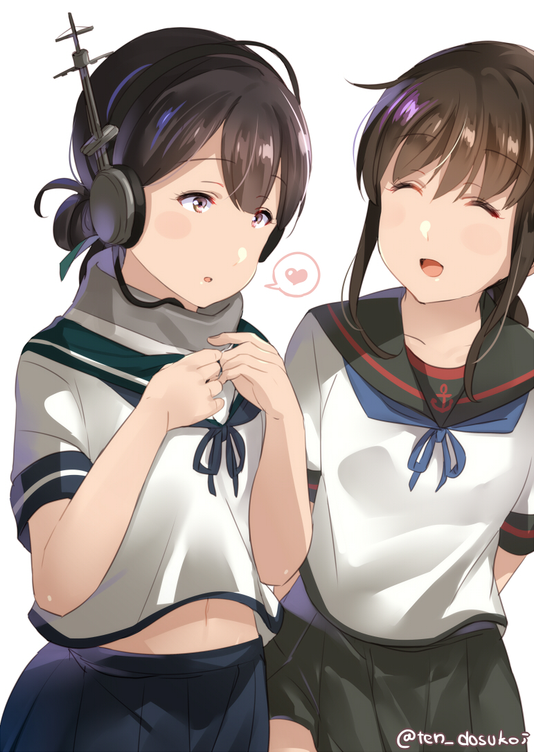 2girls :d ^_^ ^o^ arms_behind_back black_hair black_skirt blue_ribbon blush_stickers brown_hair closed_eyes closed_eyes commentary_request cosplay folded_ponytail fubuki_(kantai_collection) fubuki_(kantai_collection)_(cosplay) hair_ribbon headphones heart juurouta kantai_collection kasuga_maru_(kantai_collection) long_hair looking_at_another low_ponytail midriff multiple_girls navel open_mouth pleated_skirt remodel_(kantai_collection) ribbon scarf school_uniform serafuku short_sleeves sidelocks signature simple_background skirt smile spoken_heart taiyou_(kantai_collection) twitter_username white_background