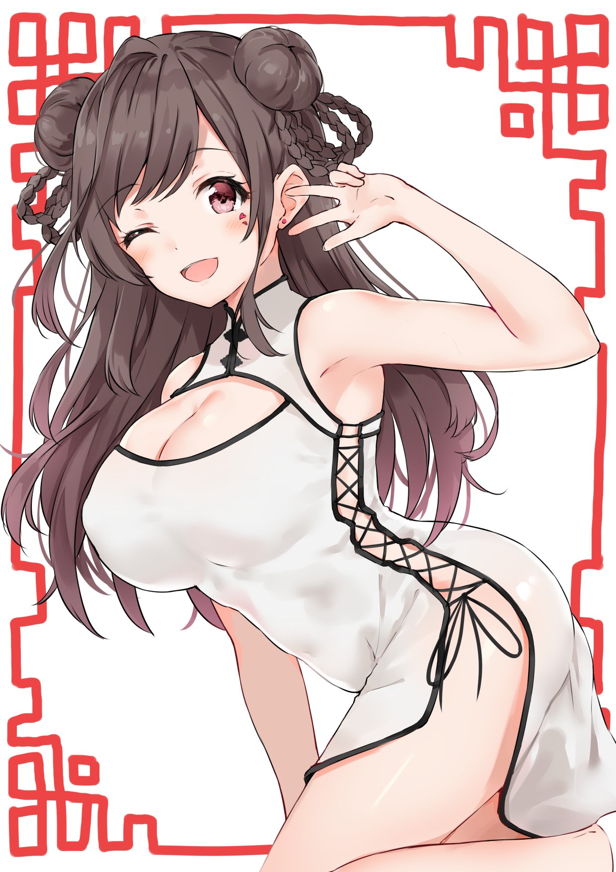 1girl ;d armpits bangs bare_arms bare_shoulders black_hair blush braid breasts brown_eyes china_dress chinese_clothes cleavage cleavage_cutout covered_nipples cowboy_shot double_bun dress earrings eyebrows_visible_through_hair facial_mark hand_up heart highres idolmaster idolmaster_shiny_colors jewelry large_breasts leaning long_hair looking_at_viewer minikon one_eye_closed open_mouth pelvic_curtain side_slit sidelocks smile solo standing standing_on_one_leg tsukioka_kogane w white_background