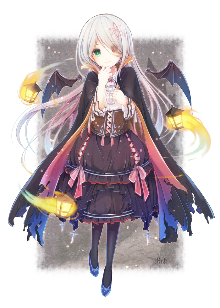1girl bangs bat_wings black_cape black_legwear black_skirt black_wings blue_cape blue_footwear blush brown_eyes cape center_frills commentary_request detached_wings eyebrows_visible_through_hair eyes_visible_through_hair frills full_body gradient gradient_cape green_eyes hair_ornament hair_over_one_eye halloween hands_up head_tilt heterochromia lantern long_sleeves multicolored multicolored_cape multicolored_clothes orange_cape original pantyhose parted_lips shirt shoes signature skirt smile solo standing underbust white_shirt wide_sleeves wings yonema