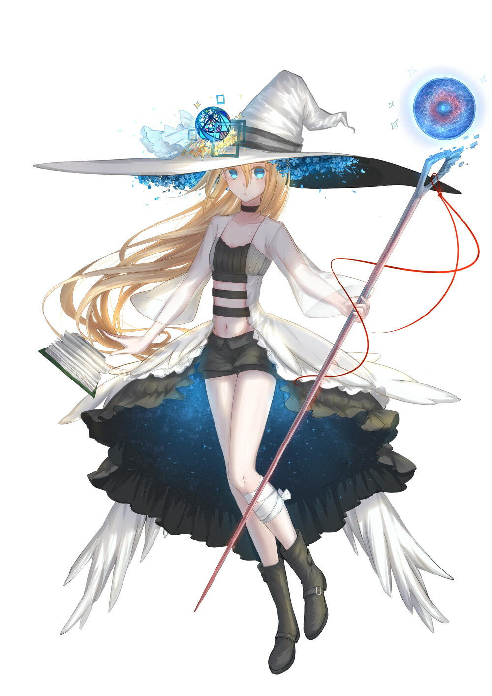 1girl adapted_costume bandage black_cape black_footwear black_shorts blonde_hair book boots breasts cape collarbone floating_hair full_body hat hat_ribbon highres holding holding_staff long_hair midriff navel open_book rachel_gardner ribbon rin_(pixiv4106191) satsuriku_no_tenshi see-through short_shorts shorts simple_background small_breasts solo staff stomach very_long_hair waist_cape white_background white_hat witch_hat