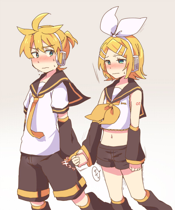 1boy 1girl aqua_eyes arm_tattoo bare_shoulders blonde_hair blush bow brother_and_sister crop_top detached_sleeves embarrassed hair_bow hair_ornament hairclip hand_holding headphones headset incest kagamine_len kagamine_rin leg_warmers looking_at_another midriff navel necktie nervous number_tattoo reki_(arequa) sailor_collar short_hair short_ponytail shorts siblings sweat sweatdrop tattoo trembling twincest twins vocaloid