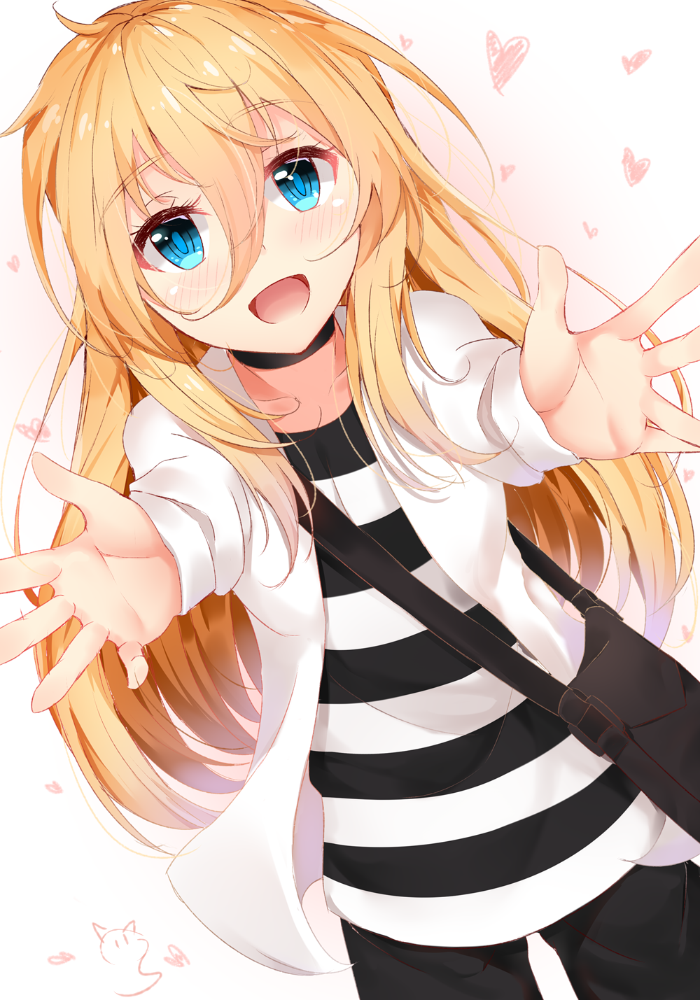 1girl :d bag black_shorts blonde_hair blue blush choker dutch_angle eyebrows_visible_through_hair eyes floating_hair hair_between_eyes heart highres long_hair looking_at_viewer nahaki open_clothes open_mouth open_shirt outstretched_arms rachel_gardner satsuriku_no_tenshi shiny shiny_hair shirt short_shorts shorts smile solo standing striped striped_shirt very_long_hair white_background white_shirt