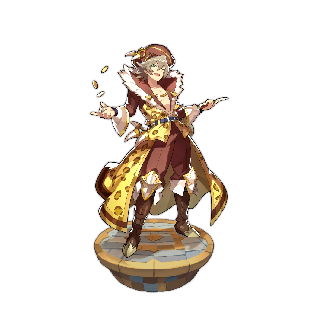 1boy artist_request boots coin dragalia_lost green_eyes grey_hair hat irfan_(dragalia_lost) knife long_sleeves non-web_source official_art open_clothes open_mouth short_hair switchblade throwing transparent_background