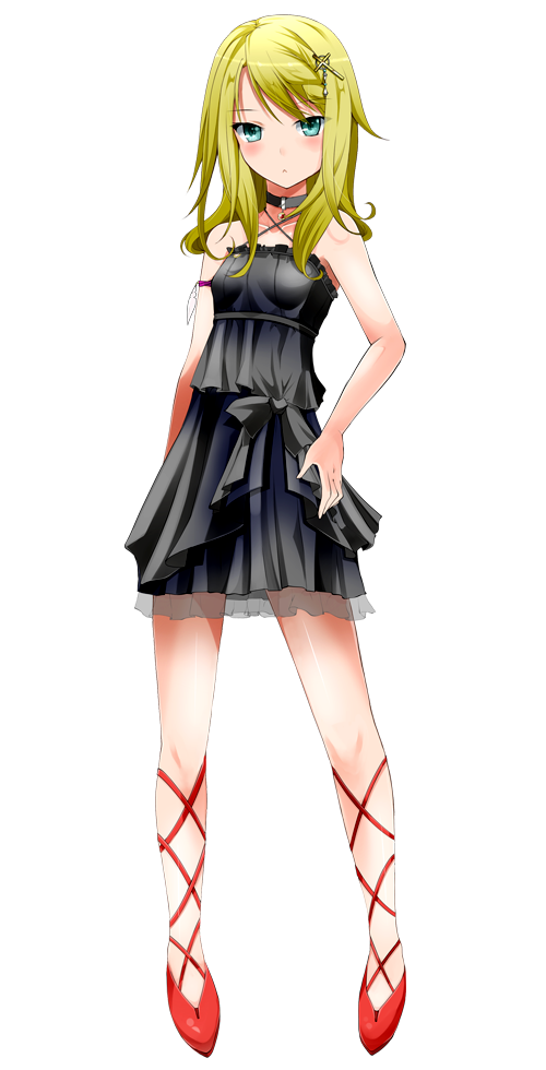 1girl arm_at_side bare_shoulders black_collar black_dress blonde_hair blue_eyes blush breasts chloe_winchester dress full_body hand_on_hip long_hair looking_at_viewer official_art patriarch_xtasy red_footwear small_breasts standing transparent_background