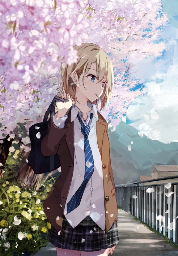 1girl arm_behind_back bag bangs black_skirt blazer blonde_hair blue_eyes blue_neckwear brown_jacket candy cherry_blossoms clouds cloudy_sky collared_shirt commentary_request cowboy_shot day earrings eyebrows_visible_through_hair flower food hair_between_eyes hand_up holding holding_bag jacket jewelry lollipop looking_to_the_side miniskirt mountain necktie open_blazer open_clothes open_jacket original outdoors path petals plaid plaid_skirt pleated_skirt railing road school_bag school_uniform shiina_kuro shirt short_hair skirt sky solo striped_neckwear stud_earrings white_shirt wing_collar