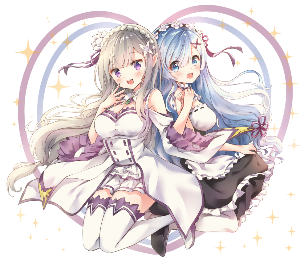 2girls :d alternate_hair_length alternate_hairstyle apron bare_shoulders black_dress black_footwear blue_eyes blue_hair blush braid breasts brown_hair cleavage commentary_request dress emilia_(re:zero) flower flower_knot frilled_apron frilled_dress frills hair_flower hair_ornament hair_ribbon hairclip hand_up hands_together hands_up head_tilt heart large_breasts long_hair long_sleeves looking_at_viewer melings_(aot2846) multiple_girls open_mouth pantyhose purple_ribbon re:zero_kara_hajimeru_isekai_seikatsu red_ribbon rem_(re:zero) ribbon shoe_soles shoes smile sparkle thigh-highs very_long_hair violet_eyes waist_apron white_apron white_background white_dress white_flower white_legwear wide_sleeves x_hair_ornament