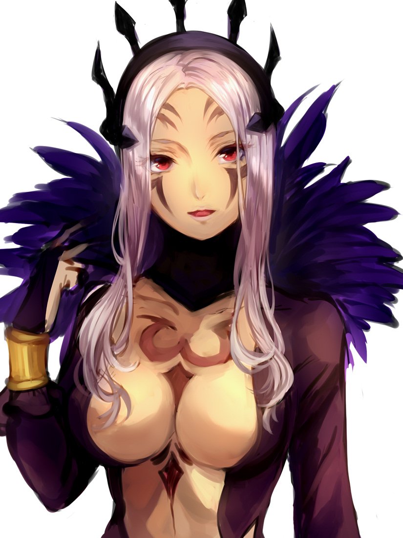 1girl bracelet breasts bridal_gauntlets cleavage dark_skin facial_mark feathers fire_emblem fire_emblem:_kakusei inverse_(fire_emblem) jewelry jurge long_hair long_sleeves medium_breasts nintendo parted_lips red_eyes silver_hair simple_background solo turtleneck upper_body white_background