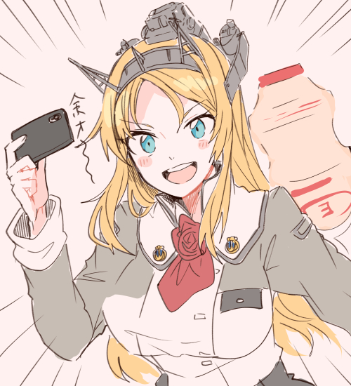 1girl blonde_hair blue_eyes bottle breasts cellphone emphasis_lines flower headgear itomugi-kun kantai_collection large_breasts long_hair long_sleeves military military_uniform nelson_(kantai_collection) open_mouth oversized_object phone red_flower red_rose remodel_(kantai_collection) rose solo translation_request uniform upper_body yakult