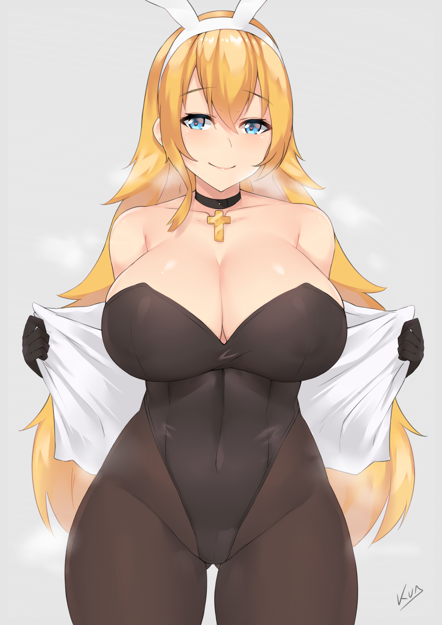 1girl animal_ears azur_lane bare_shoulders black_gloves blonde_hair blue_eyes breasts breath brown_legwear choker cleavage covered_navel cowboy_shot fake_animal_ears gloves gluteal_fold grey_background hairband heart heart-shaped_pupils highres kuavera large_breasts leotard long_hair looking_at_viewer north_carolina_(azur_lane) off_shoulder open_clothes open_shirt pantyhose rabbit_ears simple_background smile solo strapless strapless_leotard symbol-shaped_pupils thighs