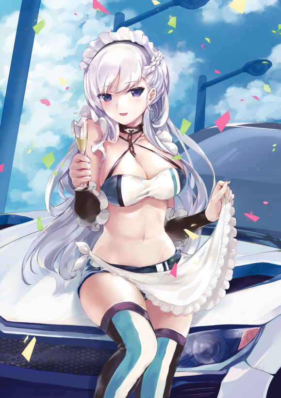 1girl alternate_costume apron azur_lane belfast_(azur_lane) bk201 blue_eyes blue_sky boots braid breasts car champagne_flute cleavage clouds collar commentary confetti cup drinking_glass eyebrows_visible_through_hair french_braid ground_vehicle large_breasts long_hair looking_at_viewer maid_apron maid_headdress motor_vehicle open_mouth racequeen short_shorts shorts sky smile solo thigh-highs thigh_boots thighs white_hair