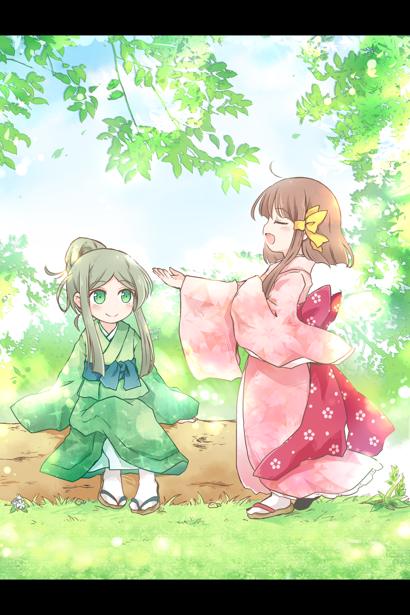 2girls brown_hair closed_eyes commentary_request day eyebrows_visible_through_hair floral_print grass green_eyes green_hair green_kimono hair_bun hair_ribbon hand_on_own_chest highres japanese_clothes kimono letterboxed log looking_at_another multiple_girls nature nishida_satono open_mouth outdoors outstretched_arm pink_kimono plant pote_(ptkan) print_kimono ribbon short_hair_with_long_locks sitting smile teireida_mai touhou wide_sleeves yellow_ribbon