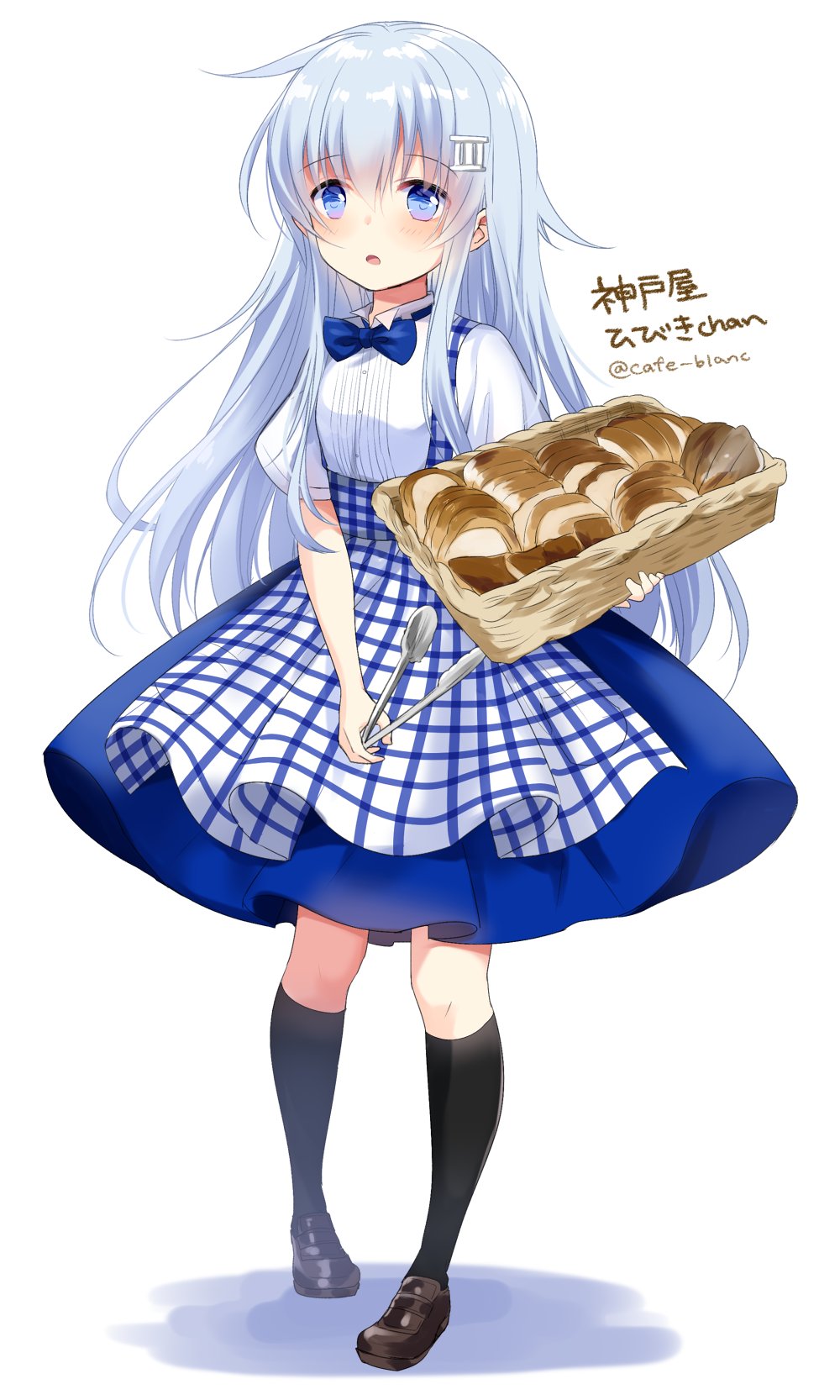 1girl alternate_costume apron basket black_legwear blue_eyes blue_neckwear bow bowtie bread brown_legwear employee_uniform food full_body gingham hair_ornament hairclip hibiki_(kantai_collection) highres kantai_collection kneehighs kobeya koubeya_uniform long_hair looking_at_viewer motohara_moka plaid plaid_apron short_sleeves silver_hair simple_background solo standing tongs uniform waitress white_background