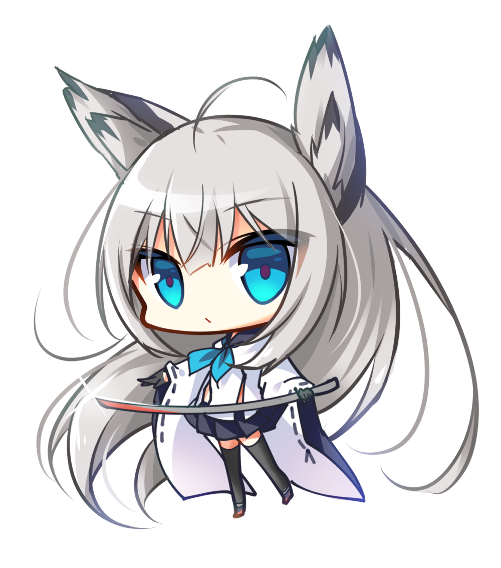 1girl absurdly_long_hair ahoge animal_ears azur_lane bangs big_head black_gloves black_legwear black_skirt blue_eyes blue_neckwear chibi closed_mouth eyebrows_visible_through_hair full_body gloves grey_hair hair_between_eyes holding holding_sword holding_weapon katana kawakaze_(azur_lane) long_hair long_sleeves neckerchief pleated_skirt ribbon-trimmed_sleeves ribbon_trim ryuuka_sane shirt simple_background skirt solo standing standing_on_one_leg sword thigh-highs very_long_hair weapon white_background white_shirt wide_sleeves