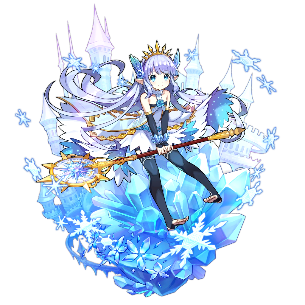 1girl artist_request barefoot blue_eyes blue_hair castle dragalia_lost elbow_gloves flower gloves granblue_fantasy hair_ornament holding holding_staff ice ice_flower lily_(granblue_fantasy) long_hair looking_at_viewer non-web_source official_art pointy_ears skirt smile snowflakes staff thigh-highs transparent_background