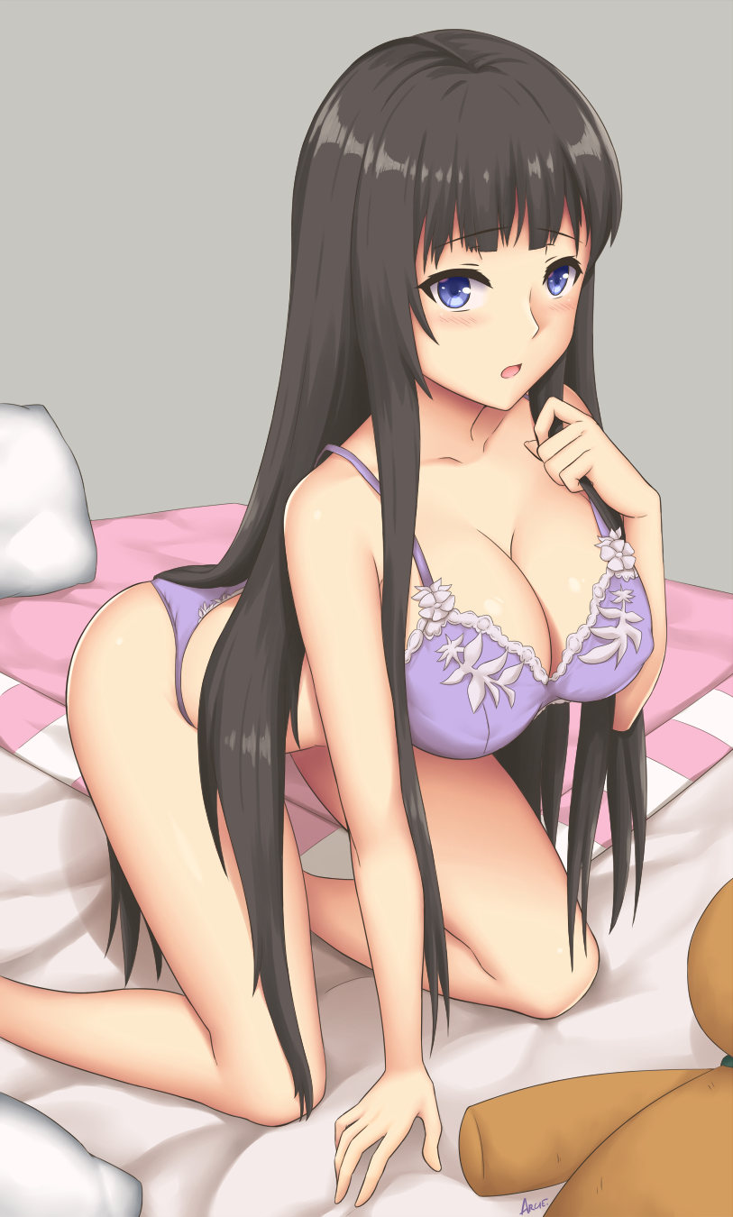 1girl all_fours arciealbano black_hair blanket blue_eyes blush breasts cleavage highres hime_cut kami-sama_no_memo-chou large_breasts lavender_bra lavender_panties long_hair older open_mouth pillow shionji_yuuko signature simple_background stuffed_animal stuffed_toy teddy_bear very_long_hair