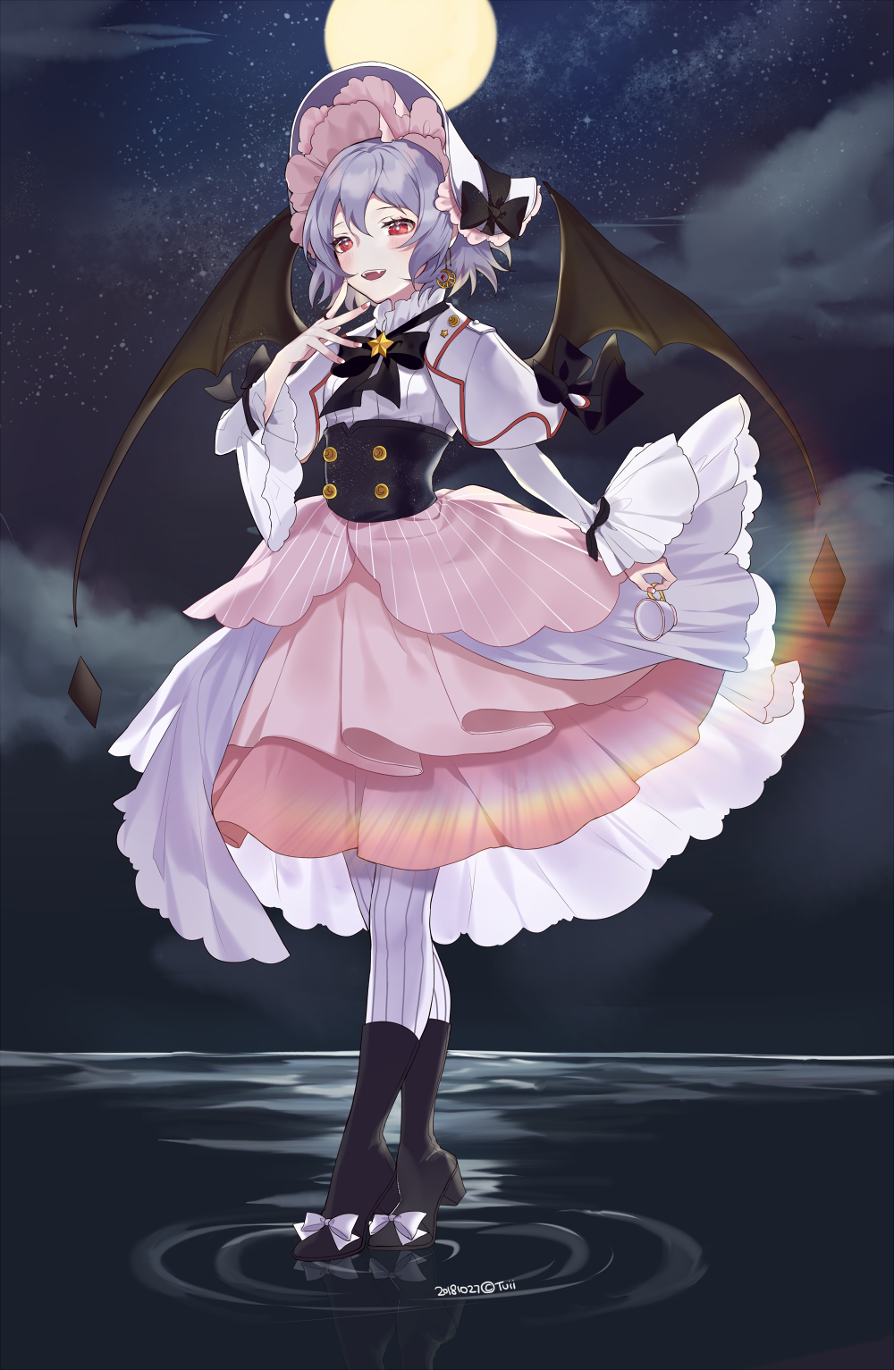 1girl :d bat_wings black_bow black_footwear black_neckwear black_wings blush bonnet boots bow bowtie bright_pupils clouds corset cup dated fang fingernails full_body full_moon hand_up hat highres holding holding_cup knee_boots layered_skirt long_fingernails long_sleeves moon nail_polish night night_sky open_mouth perri_(mnemosine) pink_nails pink_skirt purple_hair red_eyes reflection remilia_scarlet ripples shirt short_hair skirt sky smile solo standing standing_on_liquid star star_(sky) starry_sky striped striped_legwear teacup touhou upper_teeth vertical-striped_legwear vertical_stripes white_hat white_legwear white_shirt wide_sleeves wings