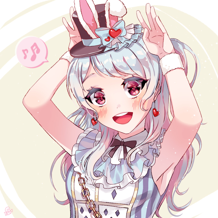 1girl :d alice_in_wonderland animal_ears armpits arms_up bang_dream! bangs black_hat black_neckwear blue_bow blue_hair blush bow bunny_pose chains cosplay dew_(dltmf2266) earrings fake_animal_ears frills hat hat_bow heart heart_earrings jewelry long_hair looking_at_viewer matsubara_kanon musical_note neck_ribbon one_side_up open_mouth playing_card_print rabbit_ears ribbon signature sleeveless smile solo spoken_musical_note striped top_hat upper_body vertical_stripes violet_eyes white_rabbit white_rabbit_(cosplay) wristband