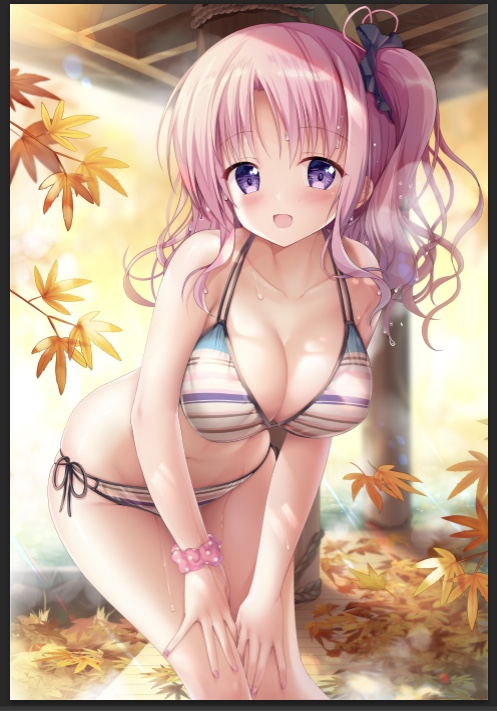 1girl :d autumn_leaves bangs bare_shoulders bikini black_border blush border breasts cleavage collarbone commentary_request eyebrows_visible_through_hair hair_ribbon hands_on_legs large_breasts leaf leaning_forward long_hair looking_at_viewer maple_leaf nail_polish one_side_up open_mouth original pink_hair pink_ribbon ribbon side-tie_bikini smile solo sousouman standing striped striped_bikini swimsuit violet_eyes wet