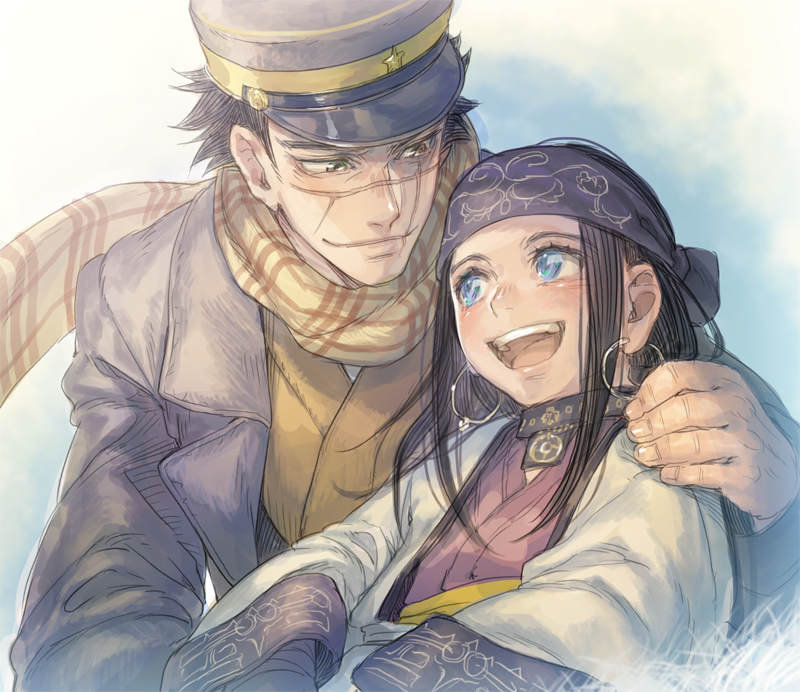 1boy 1girl ainu ainu_clothes asirpa bandanna black_hair blue_eyes brown_eyes coat earrings facial_scar golden_kamuy hand_on_another's_shoulder hat hoop_earrings jewelry long_hair looking_at_another military military_hat military_uniform open_mouth scar scarf short_hair smile sugimoto_saichi uniform upper_body wide_sleeves yamori_(stom)