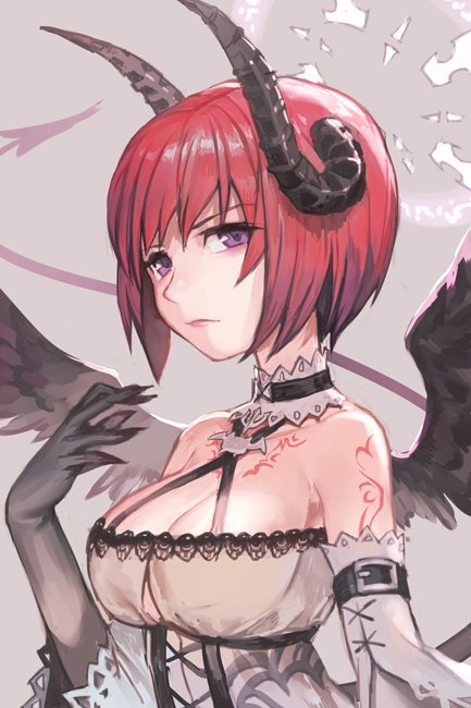 1girl bangs bare_shoulders black_wings breasts buckle character_request choker cleavage closed_mouth hankuri horns looking_at_viewer redhead short_hair solo star_ocean violet_eyes wings