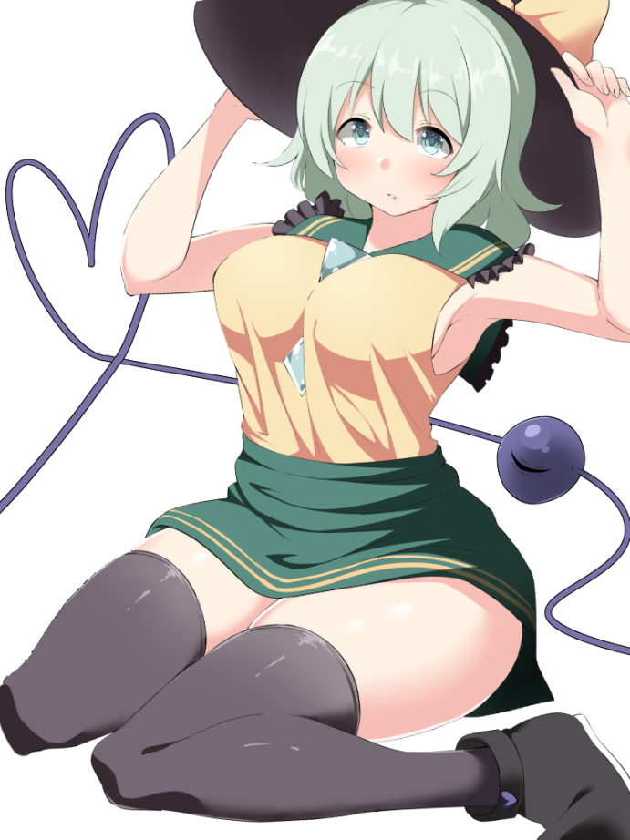 1girl armpits bangs black_hat black_legwear boots breasts collared_shirt expressionless eyeball green_eyes green_hair green_skirt hair_between_eyes hat heart heart_of_string komeiji_koishi large_breasts miniskirt parted_lips shinori shirt short_hair simple_background sitting skirt sleeveless solo tareme thigh-highs third_eye touhou white_background zettai_ryouiki