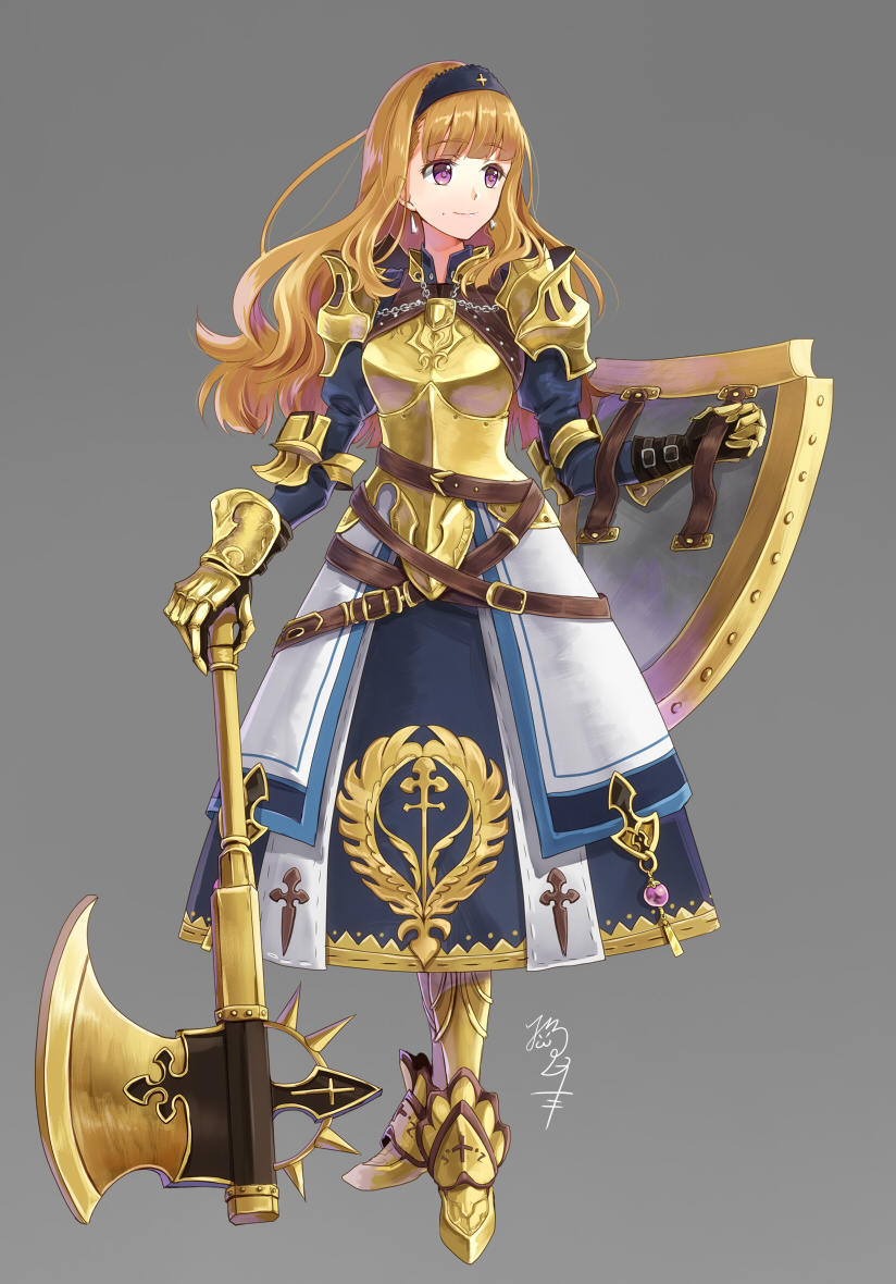 1girl armor armored_boots armored_dress axe belt blonde_hair boots breastplate earrings eyebrows_visible_through_hair fantasy gauntlets grey_background hairband jewelry knight long_hair looking_to_the_side mole mole_under_mouth nekozuki_yuki original shield shoulder_armor smile violet_eyes