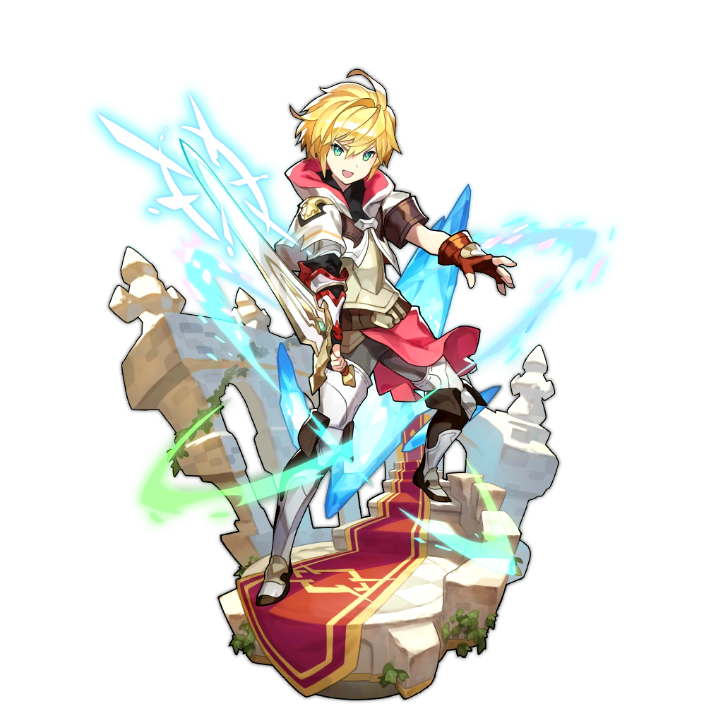 1boy artist_request bangs blonde_hair dragalia_lost euden fingerless_gloves gloves green_eyes holding holding_weapon looking_at_viewer non-web_source official_art pactstone short_hair transparent_background weapon