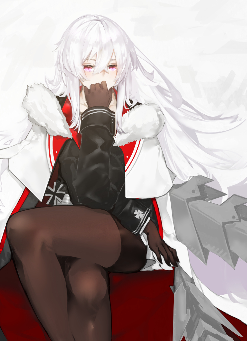 1girl azur_lane bangs black_legwear black_skirt blush breasts brown_gloves cape capelet cleavage covered_mouth eyebrows_visible_through_hair fur-trimmed_cape fur_trim gloves graf_zeppelin_(azur_lane) hair_between_eyes iron_cross jacket large_breasts legs_crossed long_hair long_sleeves looking_at_viewer military military_uniform nello_(luminous_darkness) pantyhose red_eyes rigging silver_hair sitting skirt solo uniform very_long_hair