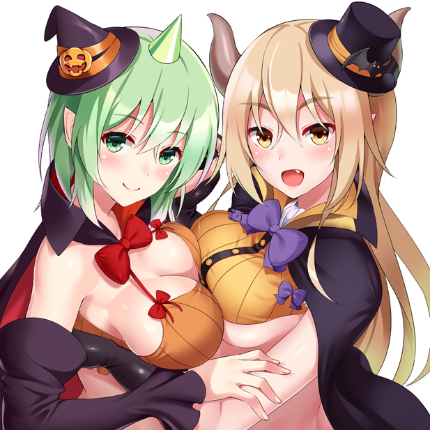 2girls black_gloves blonde_hair blush bow breast_press breasts brown_eyes cape cleavage colored_eyelashes commentary_request fang gloves green_eyes green_hair halloween hat horns huyumitsu jack-o'-lantern large_breasts mini_hat mini_top_hat monmusu_harem monster_girl multiple_girls open_mouth pumpkin purple_bow red_bow sideboob smile symmetrical_docking top_hat under_boob upper_body white_background witch_hat