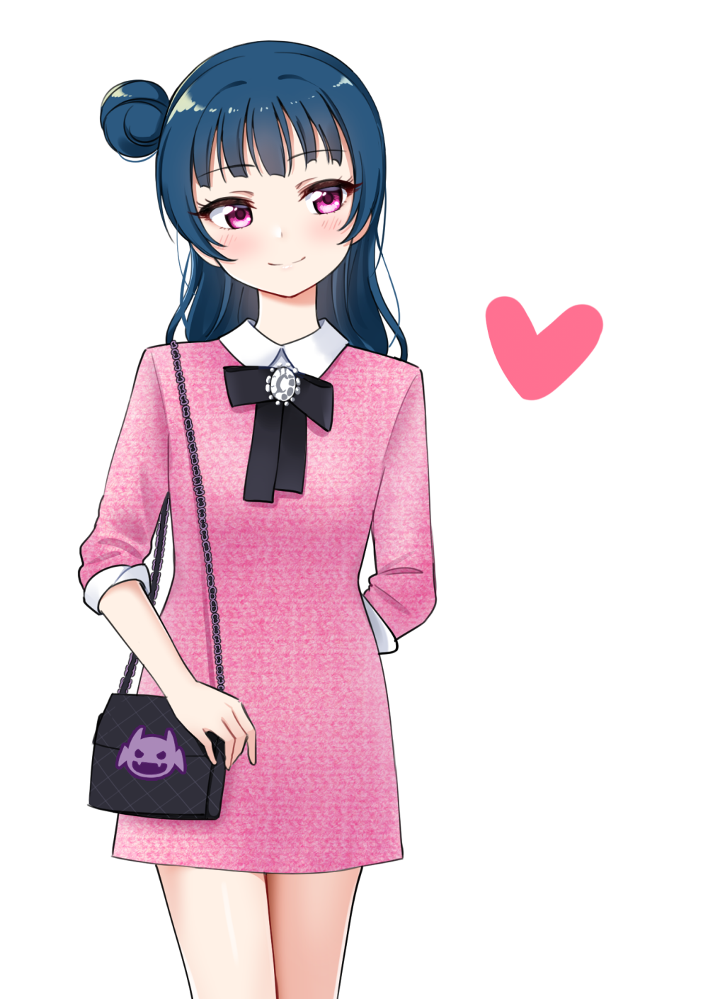 1girl arm_behind_back bag bangs black_neckwear blue_hair blush brooch chains collared_dress deadnooodles dress heart highres jewelry long_hair love_live! love_live!_sunshine!! neck_ribbon pink_dress ribbon shoulder_bag side_bun simple_background smile solo tsushima_yoshiko violet_eyes white_background