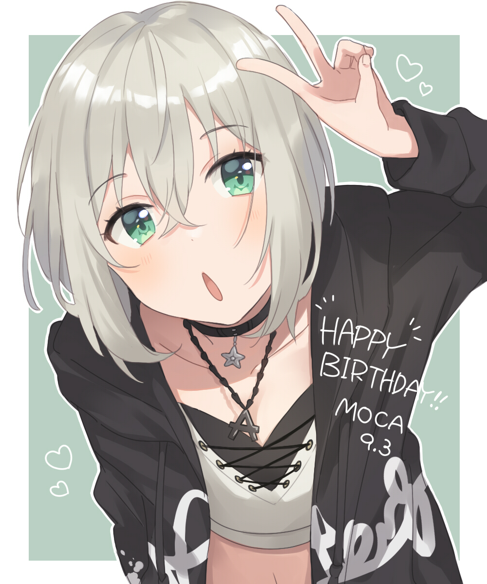 1girl aoba_moca bang_dream! bangs black_choker black_jacket character_name choker clothes_writing crop_top cross-laced_clothes crossed_bangs dated drawstring green_eyes grey_hair hair_between_eyes happy_birthday heart highres jacket jewelry long_sleeves looking_at_viewer navel open_mouth outline paint_stains pendant short_hair solo splatter_print unapoppo upper_body v white_outline