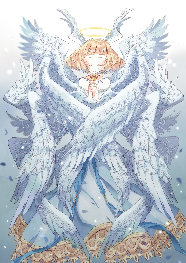 1girl angel angel_wings blonde_hair closed_eyes dress feathers frills gradient gradient_background halo hands_clasped head_wings jewelry multiple_wings nekozuki_yuki original own_hands_together praying seraph wings