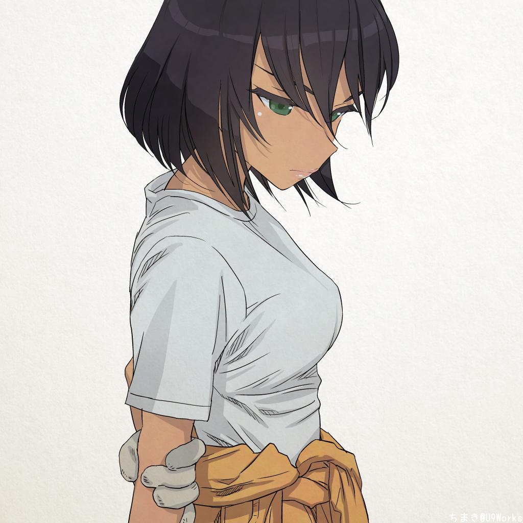 1girl akagi_(fmttps) arm_behind_back arm_grab artist_name bangs brown_hair closed_mouth commentary dark_skin from_side girls_und_panzer gloves green_eyes hoshino_(girls_und_panzer) jumpsuit light_frown lips looking_down looking_to_the_side mechanic orange_jumpsuit shirt shirt_pull short_hair short_sleeves solo standing t-shirt tied_shirt twitter_username uniform upper_body white_gloves white_shirt