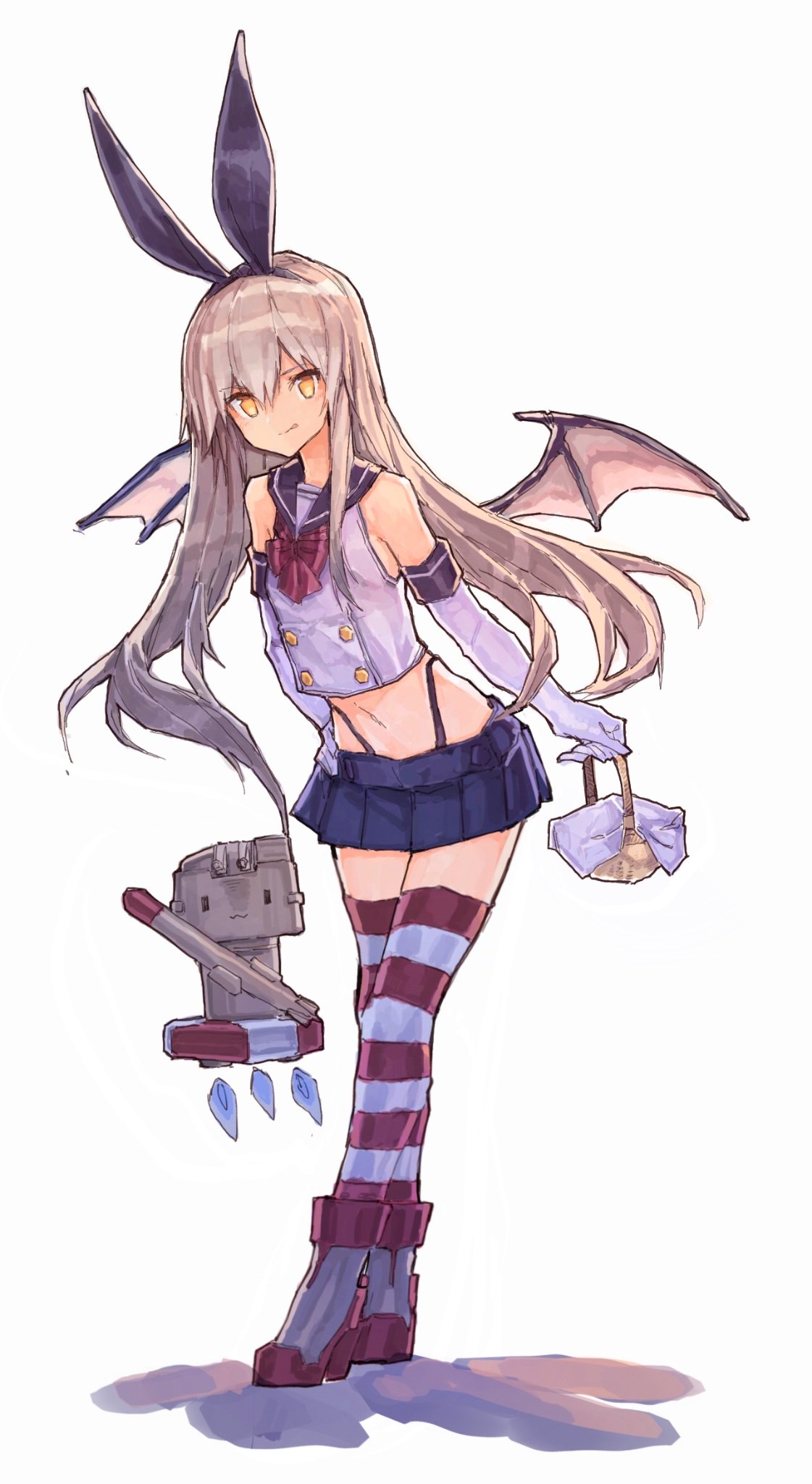 air_qh basket bat_wings black_panties black_sailor_collar blonde_hair blue_skirt bow bowtie commentary crop_top elbow_gloves gloves hairband halloween hand_on_hip high_heels highleg highleg_panties highres kantai_collection long_hair microskirt miniskirt navel panties red_neckwear rensouhou-chan rudder_shoes sailor_collar school_uniform serafuku shadow shimakaze_(kantai_collection) simple_background skirt striped striped_legwear thigh-highs thong thrusters tongue tongue_out torpedo underwear white_background white_gloves wings yellow_eyes